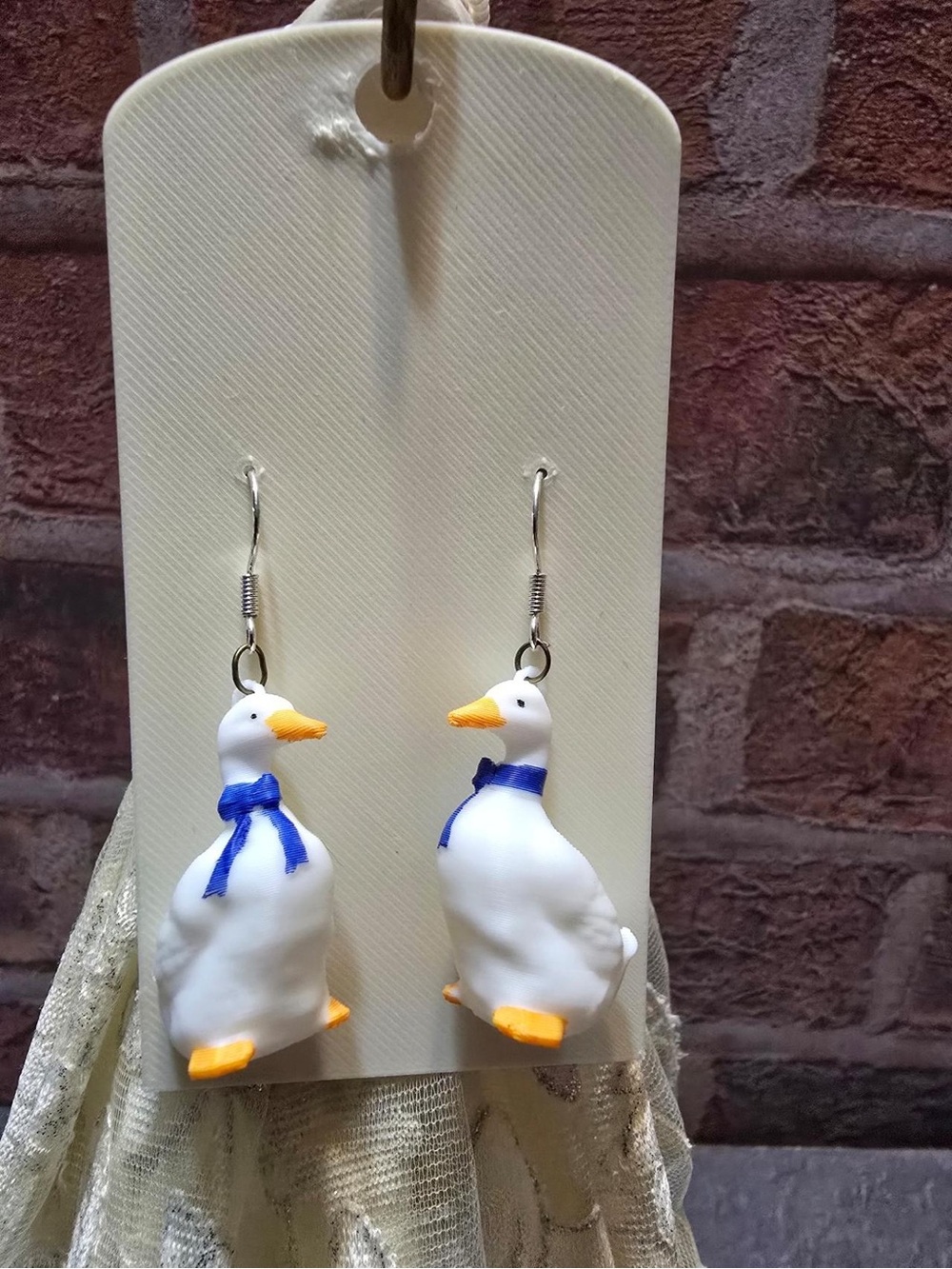 White Duck Dangle Earrings with Blue Bows - Kids Accessories